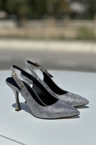 topuksarayı Tao Platinum Silvery Pointed Toe Slingback Thin Heel Women's Shoes