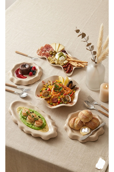 Arden Ceramic Premium El Yapımı Dalgalı Formlu 5 Parça Seramik Sunum Seti