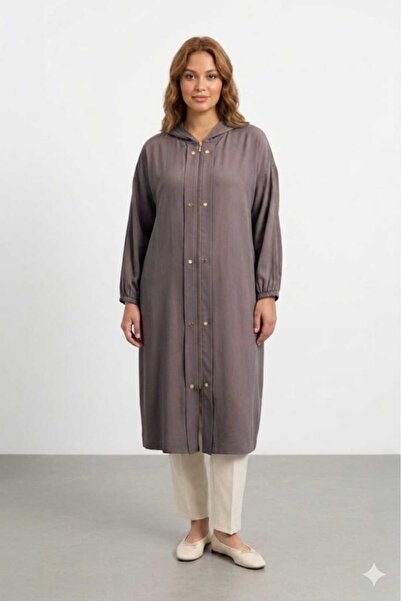 Puane Women's Hooded Long Cap Cardigan with Snap Detail on the Front 15251