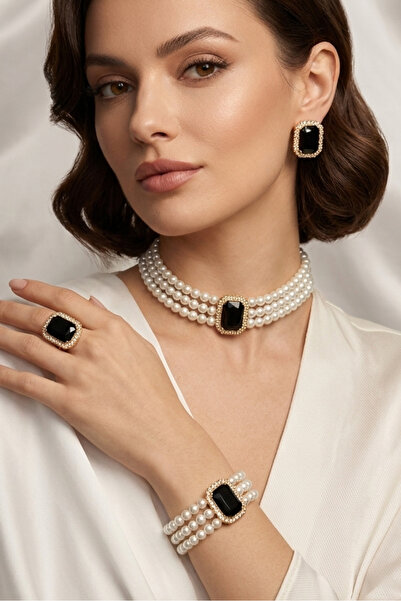 Happyline İncili siyah baget taşlı gold kaplama cam inci choker kolye tasarım...