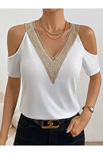 Amara Boutique Women's Viscose Blouse with Open Shoulders and V-Neck