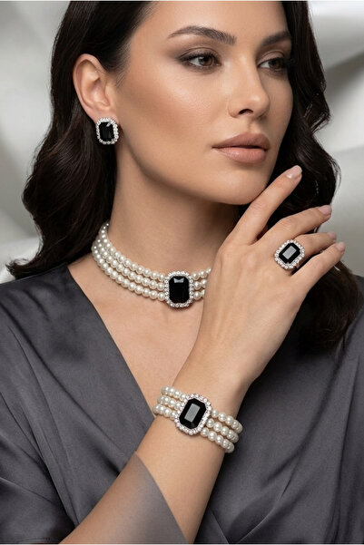 Happyline İncili siyah baget taşlı gümüş kaplama cam inci choker kolye tasarı...