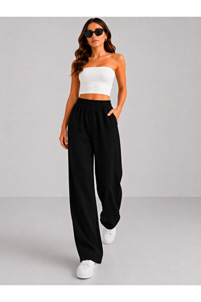 LEONE KOLEKSİYON Μαύρο 100% λινό γυναικείο παντελόνι με ψηλόμεσο ελαστικό και...
