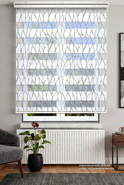 Avart Digital Modern ve Şık Soyut Yaprak Desenli Zebra Stor Perde (Gri) - Dij...