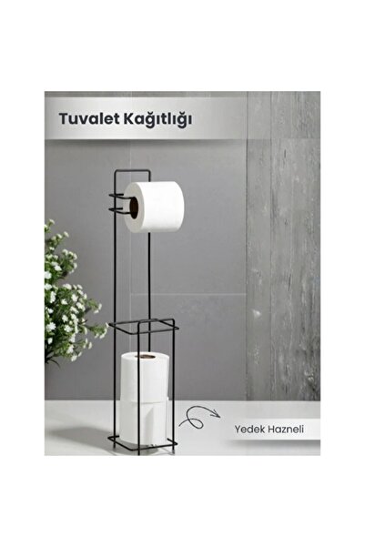 Siyah Standlı Yedek Hazneli Tuvalet Kağıtlığı Metal WC Kağıt Tutucu