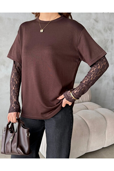 BE CHİC Women's Lace Sleeve Detail Circular Neck Short Sleeve Basic Cotton T-...