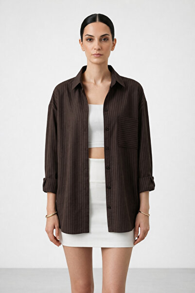 IPERIA Oversize Çizgili Tencel Gömlek Kahverengi