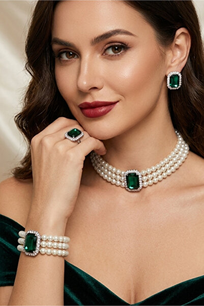 Happyline İncili yeşil baget taşlı gümüş kaplama cam inci choker kolye tasarı...