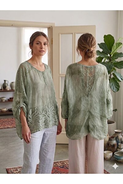 AYASOFYA OTANTIK Γυναικεία ιταλική χακί έθνικ αυθεντική μπλούζα με ανάγλυφο σ...