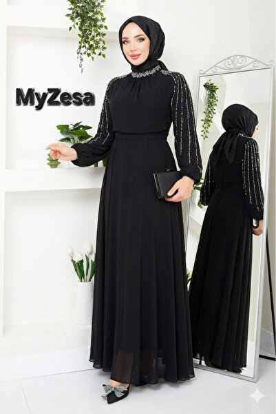 MyZesa Βραδινό φόρεμα με κεντημένα μανίκια και φόδρα, μαύρο