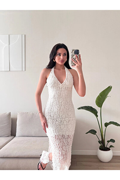Zoom Butik Boyun Bağlamalı Güpürlü Elbise - BEYAZ