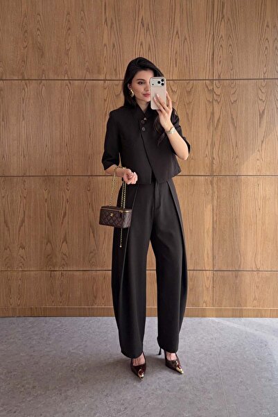 HAZELANNA Σετ Κροπ Τζάκετ-Ιαπωνικό Παντελόνι σε Καφέ Χρώμα