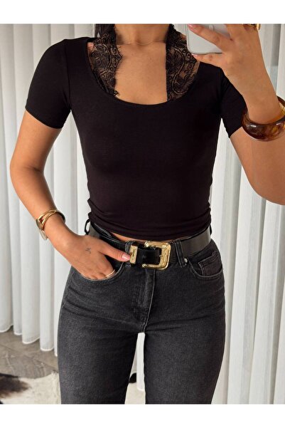 BE CHİC ΓΥΝΑΙΚΕΙΑ ΜΠΛΟΥΖΑ ΜΕ ΤΕΤΡΑΓΩΝΟ ΓΙΑΚΑ, ΔΑΝΤΕΛΕΣ ΣΤΟ ΛΑΙΜΟ, ΚΟΝΤΟ ΜΑΝΙΚ...