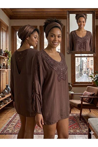 AYASOFYA OTANTIK Γυναικεία ιταλική καφέ μπλούζα με στρογγυλές παγιέτες, κέντη...