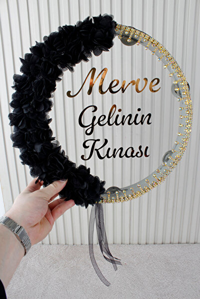 Mortex Siyah Led'li Şeffaf Gelin Tefi 32 Cm 3d Çiçekli Taşlı Nedime Bride Kın...
