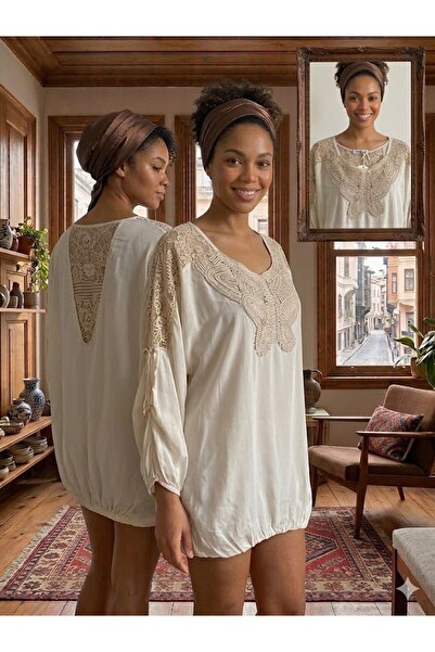 AYASOFYA OTANTIK Γυναικεία ιταλική μπλούζα σε μπεζ απόχρωση με στρογγυλές παγ...