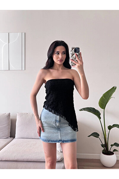 Zoom Butik Asimetrik Dantel Crop - SİYAH