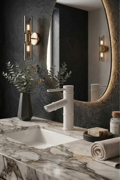 RALKEN Bambu Gövde Beyaz Lavabo Bataryası - Beyaz Antik Sabit Lavabo Musluğu ...