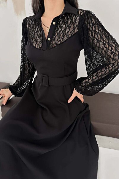 MyLoore Γυναικείο βραδινό φόρεμα με μαύρη δαντέλα και λεπτομερή ζώνη, κομψό σ...