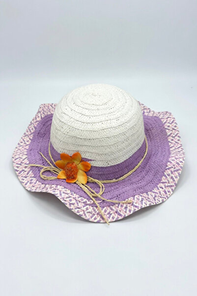 Mollycrush Κοριτσίστικο ψάθινο καπέλο με μωβ φιόγκο και λεπτομέρεια λουλουδιώ...