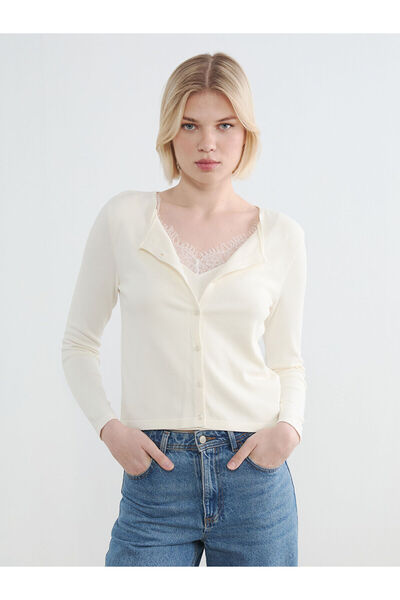 LC Waikiki Nevavm Farkıyla Lcw Vision Ecru Oval Collar Women's Knitwear Cardi...