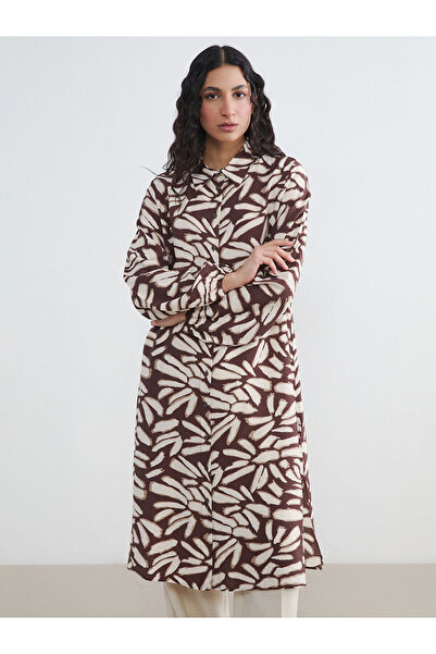 LC Waikiki Lcw Modest Brown Patterned Women's Shirt Tunic with Nevavm Differe...
