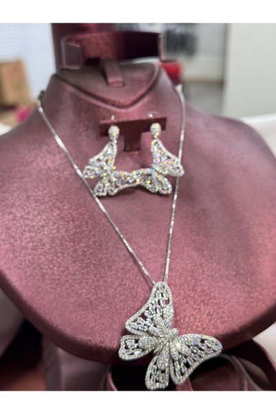 rive.jewelry Zirkon Taşlı Kelebek Kolye & Küpe Seti – Rodyum Kaplama | 2 Yıl Garantililer