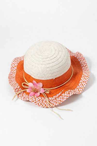 Mollycrush Κοριτσίστικο ψάθινο καπέλο με πορτοκαλί φιόγκο και λεπτομέρεια λου...