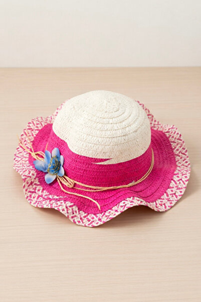 Mollycrush Κοριτσίστικο ψάθινο καπέλο με ροζ φιόγκο και λεπτομέρεια λουλουδιώ...