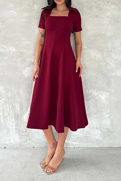 MyLoore Γυναικείο φόρεμα με λεπτομέρεια στους ώμους σε μπορντό χρώμα, από διπ...