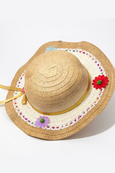Mollycrush Κοριτσίστικο ψάθινο καλοκαιρινό καπέλο με λεπτομέρεια λουλουδιών κ...
