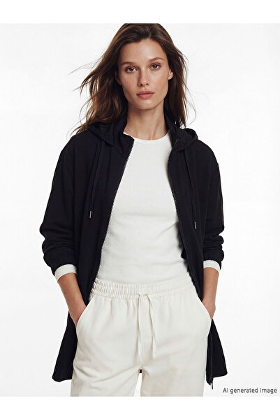 LC Waikiki Lcw Modest Black Hooded Women's Zippered Tunic with Nevavm Differe...