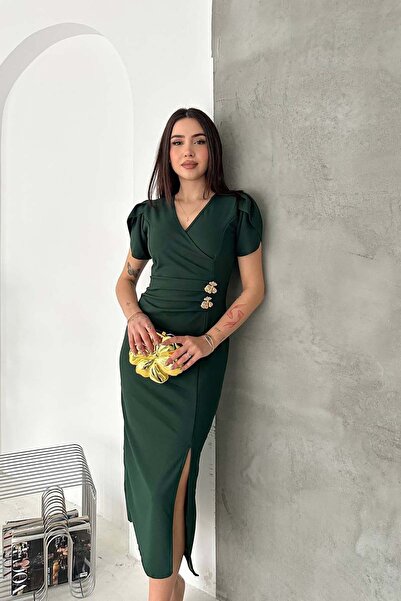 MyLoore Γυναικείο πράσινο μίντι φόρεμα με διπλό γιακά από ελαστικό ύφασμα Lyc...