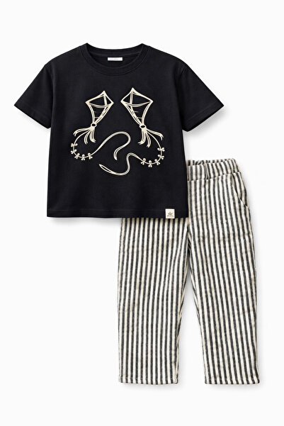 My Baby's World Striped Muslin Pants Black T-Shirt Set