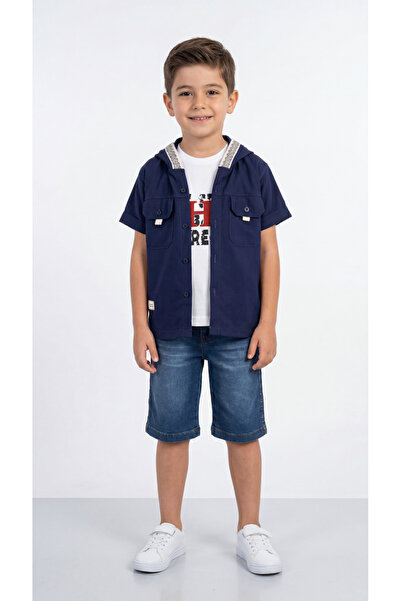 Mışıl Kids Σετ πουκάμισο-σορτς-μπλουζάκι για αγόρια με κουκούλα και λεπτομέρε...