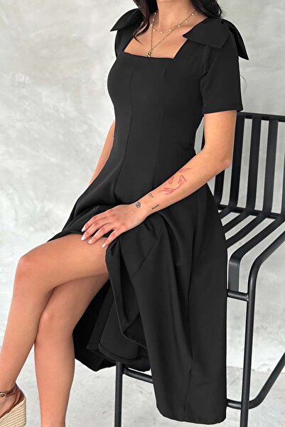 MyLoore Γυναικείο μαύρο φόρεμα με λεπτομέρεια στους ώμους, από διπλό ύφασμα, ...