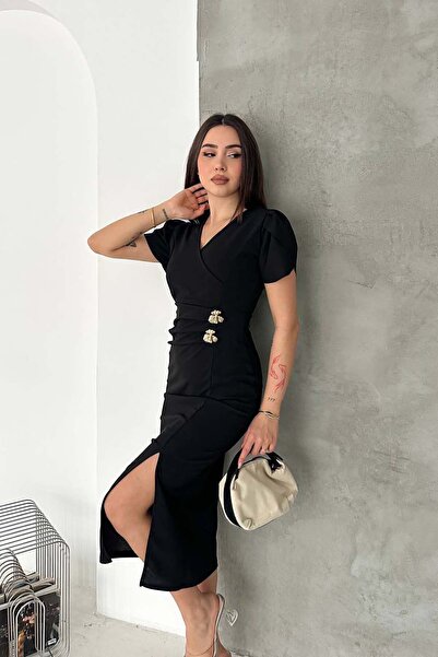 MyLoore Γυναικείο μαύρο μίντι φόρεμα με διπλό γιακά από ελαστικό ύφασμα Lycra...