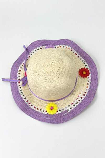 Mollycrush Κοριτσίστικο μωβ καλοκαιρινό ψάθινο καπέλο με λεπτομέρεια λουλουδι...