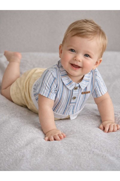 krm kerem bebe 100% Cotton Striped Shirt Detailed Muslin Fabric Baby Romper