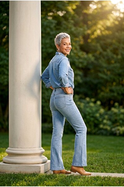 hies Pantaloni de damă din denim, albastru, cu talie înaltă, croială slim, ev...