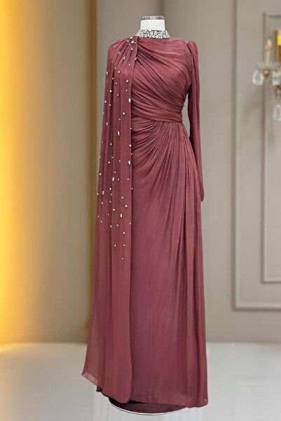 TRENDTESETTÜR KADIN PEMBE (GÜLKURUSU) ŞİFON ABİYE ELBİSE T 2463