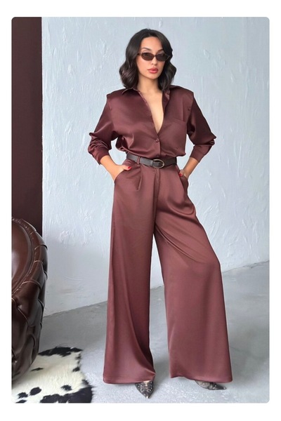 My Glowya بنطلون نسائي من الساتان البني بخصر عالٍ وأرجل واسعة