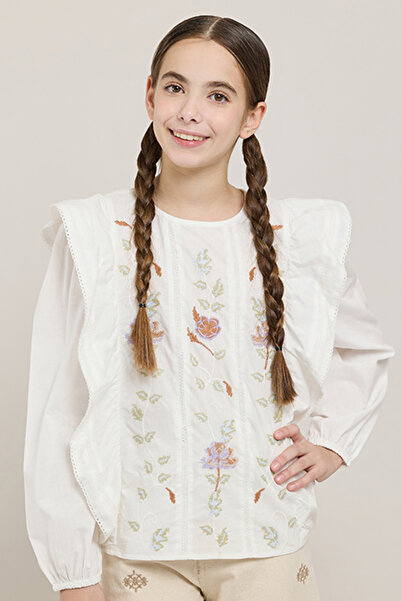 R&B Embroidered Top with Round Neck and Leg-Of-Mutton Sleeves
