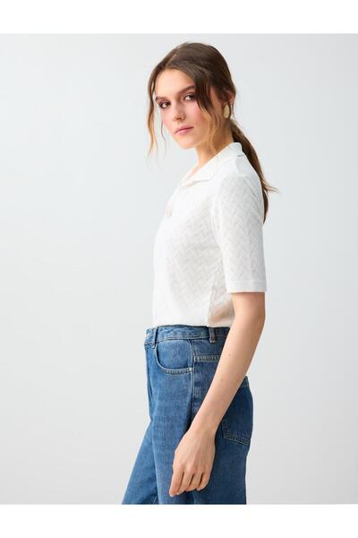 Jimmy Key Ανοιχτό λευκό κοντομάνικο πλεκτό τοπ με λαιμόκοψη πόλο και σχέδιο ζ...