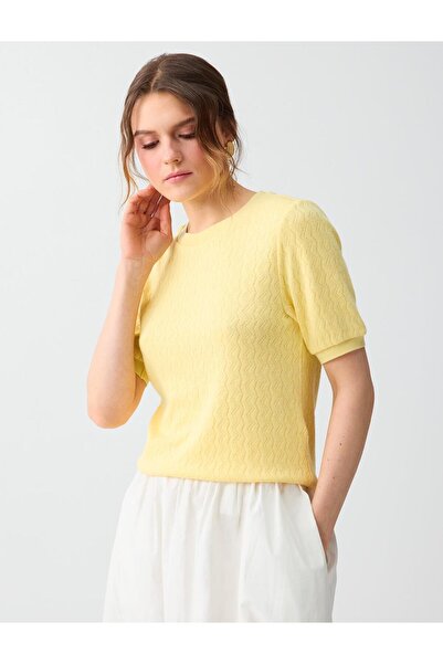 Jimmy Key Ανοιχτό κίτρινο κοντομάνικο πλεκτό τζακάρ μπλούζα με στρογγυλή λαιμ...