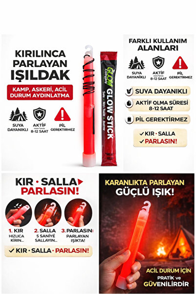 THE GLOW COMPANY Kırılınca Parlayan Işıldak Glow Stick Kırmızı – Acil Durum,K...