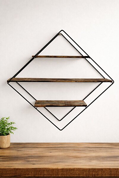 B.A.Y.NUVOLA LOFT DIAMOND 3 Katlı Metal Ahşap Duvar Rafı Dekoratif Geometrik ...