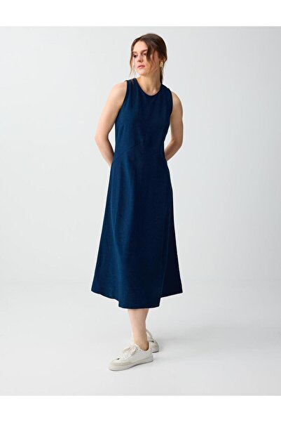 Jimmy Key Μπλε ναυτικό αμάνικο μίντι φόρεμα με στρογγυλή λαιμόκοψη από μείγμα...