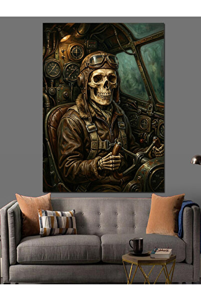 Artmeg Skeleton Pilot Illustration in the Cockpit Decorative Canvas - Mdf Woo...