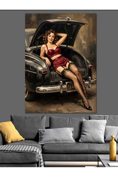 Artmeg Poză de femeie vintage pe mașină clasică, pânză decorativă - Tablou di...